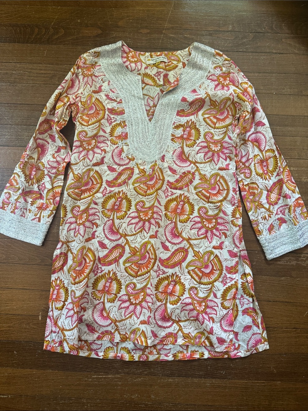 Roberta Roller Rabbit Pink, Gold & Cream Floral Embroidered Tunic